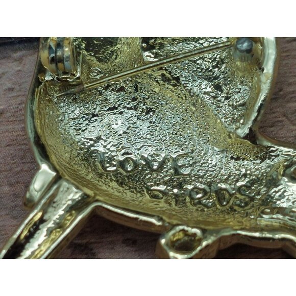 Vintage AJC Brooch Love Birds Brushed Gold Tone Dangle Heart Mid Century Signed - Picture 9 of 15